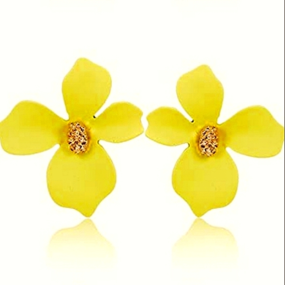 Yellow Flower Post Earrings 3D Big Floral Pretty Feminine Blossoms New